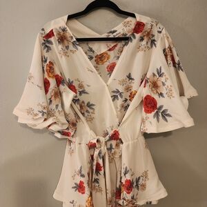 Floral Wrap Top - White with Red and Orange Accents